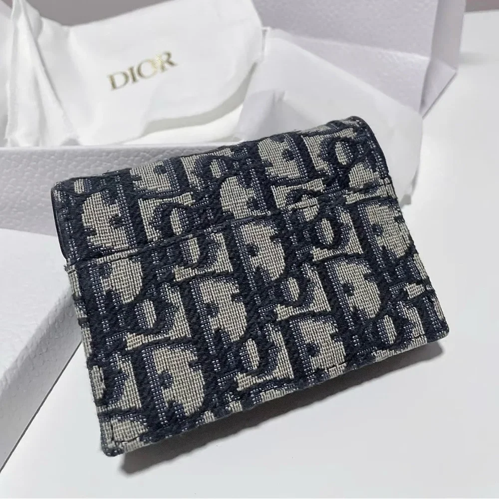Dior Blue and Beige Jacquard Mini Wallet with Gold 'D' Charm